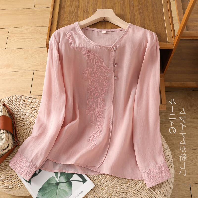 4色新中式式风重工刺绣棉麻盘扣圆领上衣茶服宽松文艺长袖t恤女 粉色