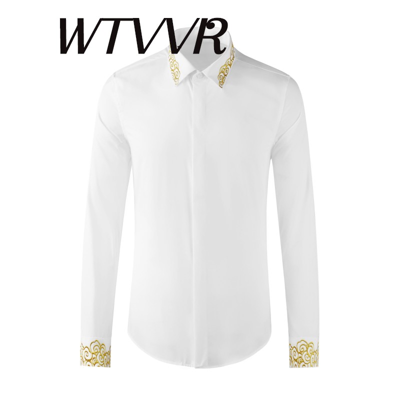 wtvvr  潮牌男装袖子衣领云纹金线中国风刺绣长袖衬衫修身百搭商务