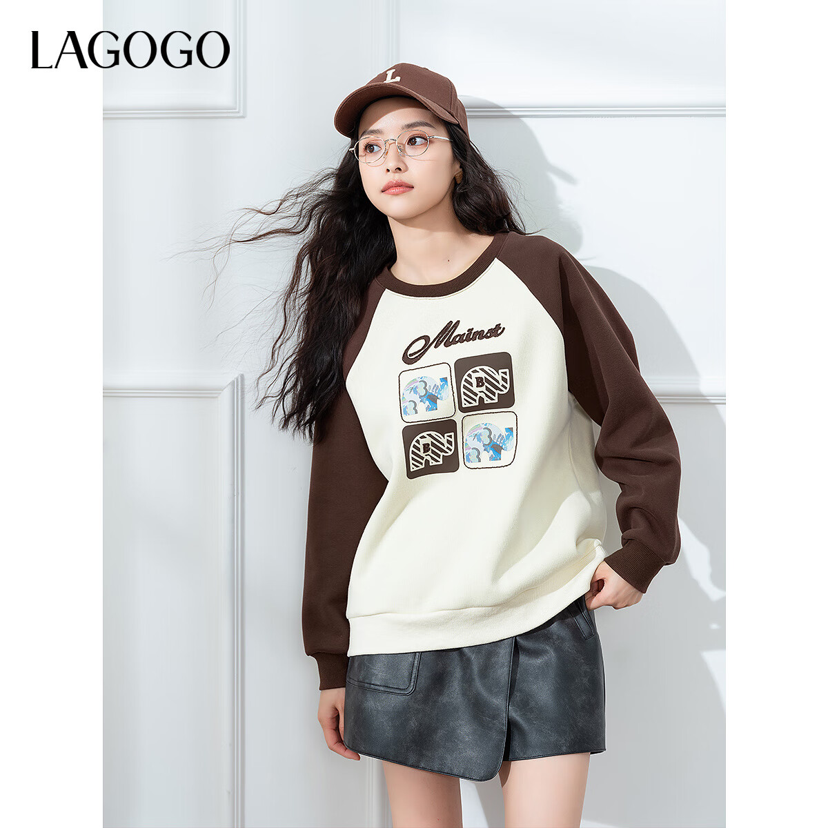 LAGOGO插肩袖撞色卫衣女拉谷谷2024年冬季新款圆领套头加绒上衣 米棕 L
