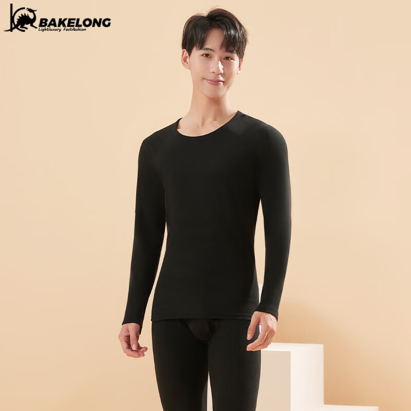 巴克龙(bakeLong)新款羊绒蚕丝保暖内衣套装女面加绒情侣男士秋衣秋裤羊毛打底衫 男款-黑色 XL