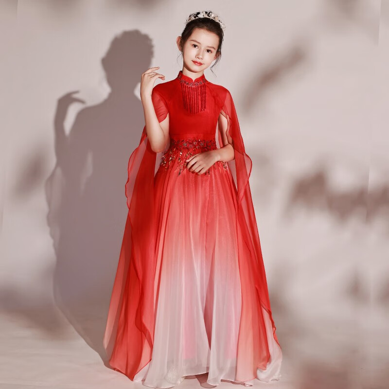 卟先生女童彈古箏演出服中國(guó)風(fēng)超仙古琴演奏合唱服兒童古典舞藝考表演服 漸變紅 160cm