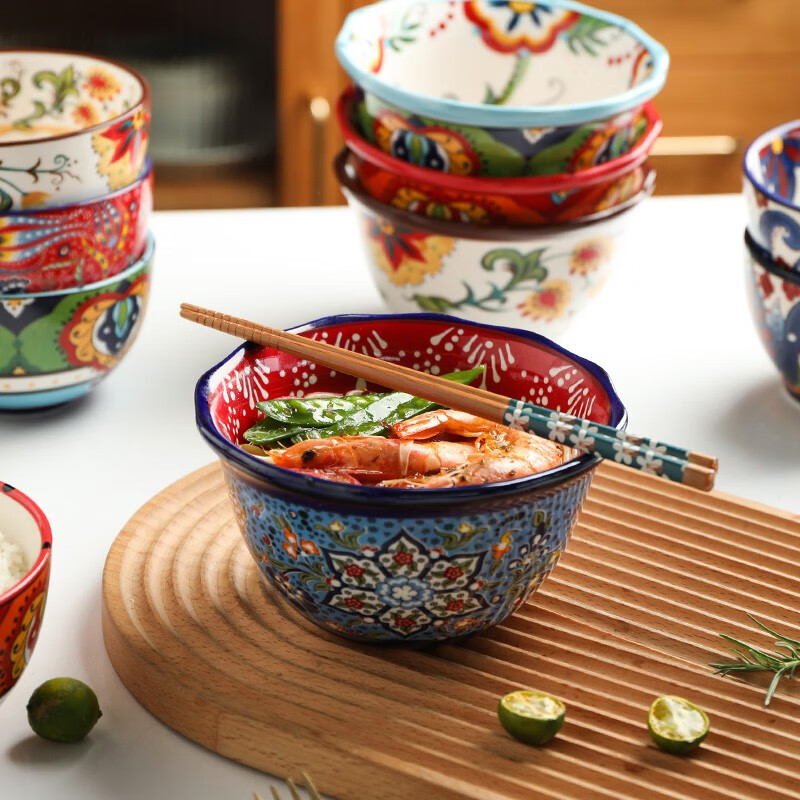 舍里家用米饭碗创意波西米亚水果沙拉碗陶瓷泡面碗个性早餐麦片碗 红边大号-6英寸碗