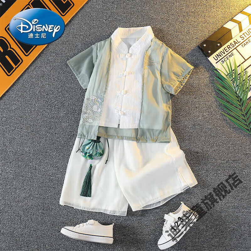 迪士尼（Disney）男童汉服春夏季薄款中国风儿童古装棉麻短袖男女宝宝六一演出服 绿色夏款 薄款 100