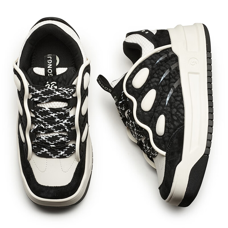 共迹gongji 2025秋季新款福蝶面包鞋方头板鞋厚底增高运动鞋轻便休闲鞋女鞋 黑色-夜迷蛱蝶 35 (225mm)