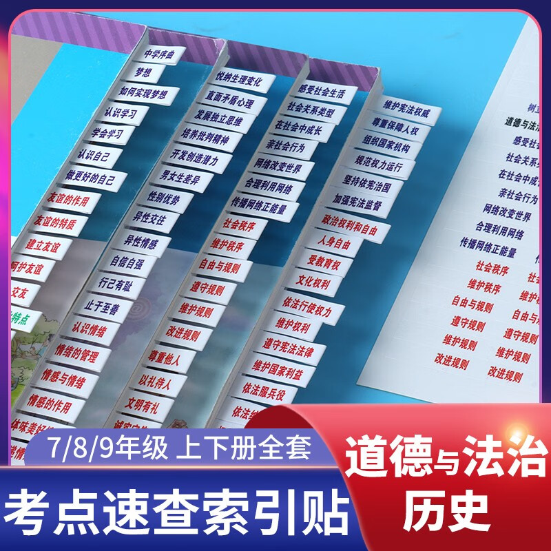 初中道德与法治历史 速查贴纸 初中地理生物速查标签 粘性强小条学生用标记本标签便签贴纸网红便签纸 初中789年级政治历史套 道法+历史