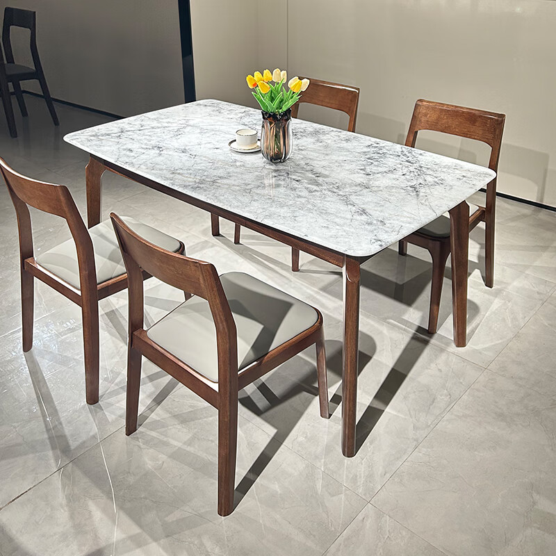 菲乐熊简约高级超晶石餐桌实木轻奢现代长方形饭桌餐台家用餐桌椅组合 黑胡桃色 一桌六椅 140cm