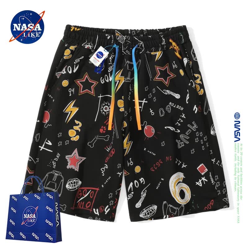 NASALIKE官方满印涂鸦短裤男夏季休闲五分裤沙滩大裤衩男士运动透气棉裤子 白色 XL (推荐129-145斤)
