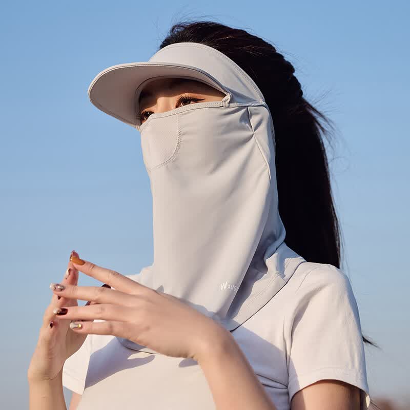 防晒面罩男士冰丝面巾脸罩夏季户外遮全脸口罩防紫外线遮脖子面纱 女帽檐款 浅灰