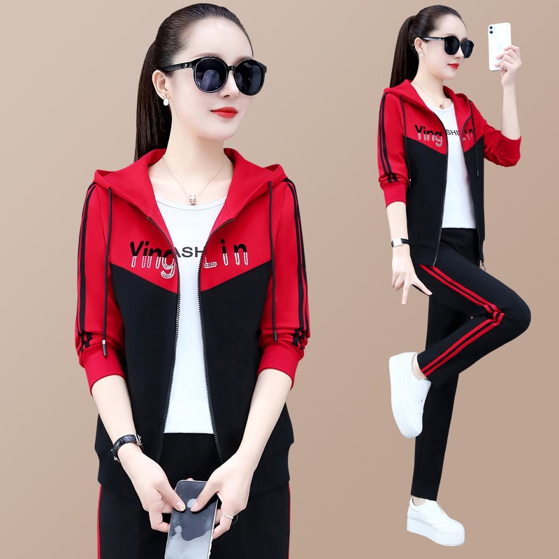 女士三件套运动服套装卫衣时尚女连帽棉质运动休闲女装跑步运动 大红