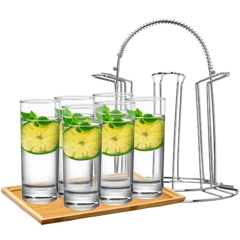 Ocean泰國(guó)進(jìn)口玻璃水杯牛奶果汁杯茶杯飲料杯290ml六只托盤(pán)杯架套裝