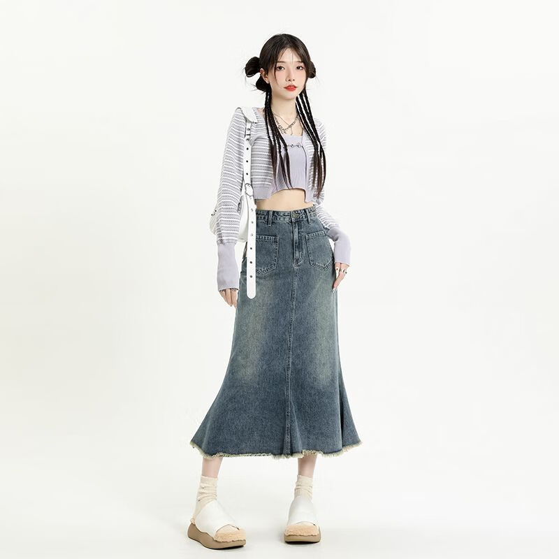 巴登复古中长款牛仔裙女春夏鱼尾半身长裙复古毛边牛仔半身裙女春秋新