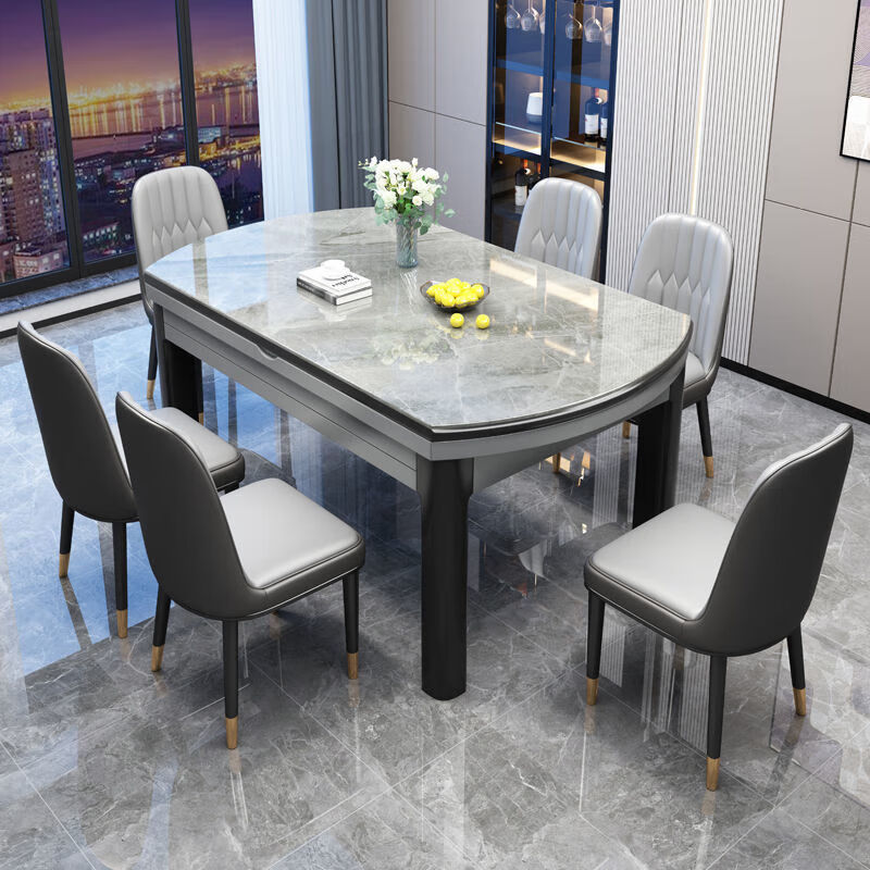 梵森荣2025新款岩板餐桌椅组合意式现代简约伸缩折叠家用小户型实木饭桌 搭配皮椅【加厚12mm岩板】 1.35m  一桌四椅【不带电磁炉】