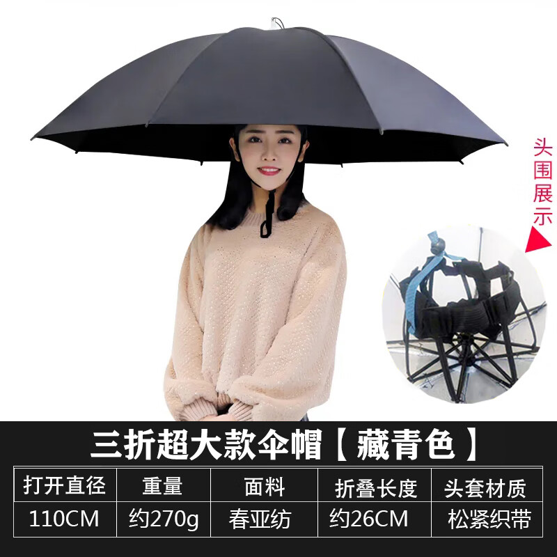 超大三折头戴式雨伞帽子双层钓鱼伞帽头戴太阳伞户外采茶折叠斗笠