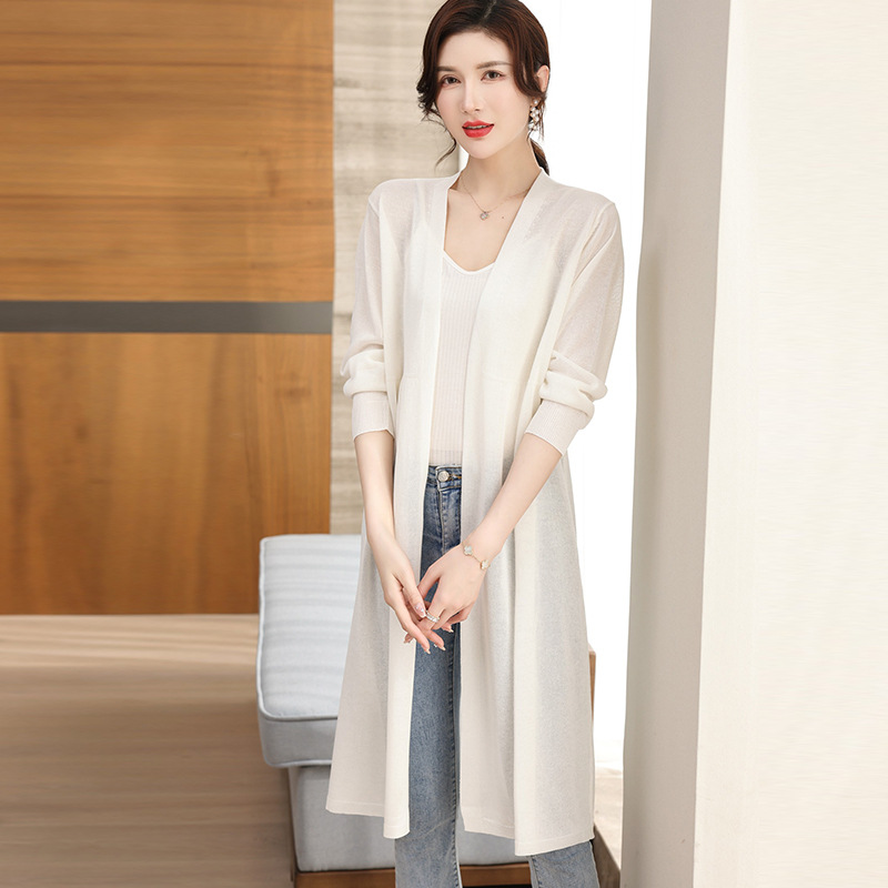 歌米拉 冰丝针织开衫女中长款年夏季新款欧版宽松外搭v领气质薄 白色