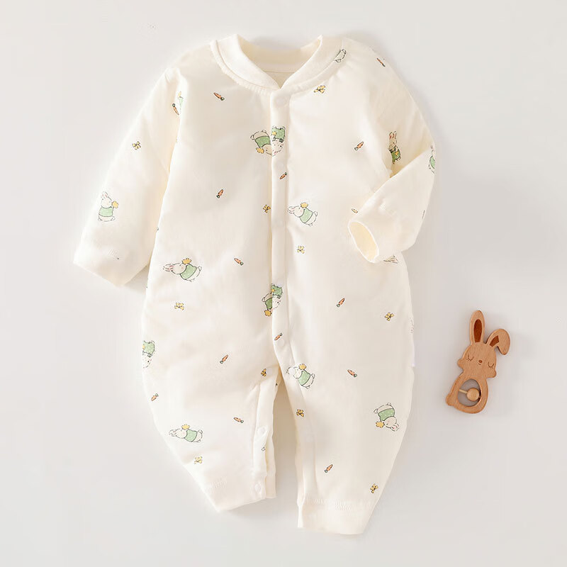 温小影婴儿连体衣秋冬夹棉加厚新生儿棉衣40g薄棉服0-12个月宝宝衣服 X6621米色小浣熊薄棉袄-开扣 66cm(11-14斤合适)