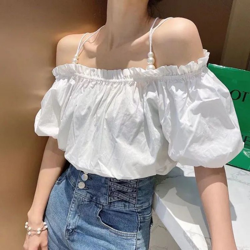 小吊带外穿春夏季甜美小清新仙女一字肩上衣露肩碎花吊带珍珠小衫女