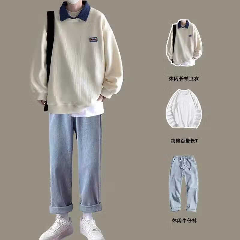 红书依店春秋款青少年精神小伙套装男感痞帅假两件卫衣生秋季三件套士