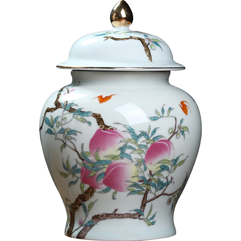 東方泥土 手繪壽桃陶瓷儲藏罐茶葉罐擺件中式家居客廳博古架茶桌裝飾品 D67-24D 壽桃將軍罐（古蘭色） 5號