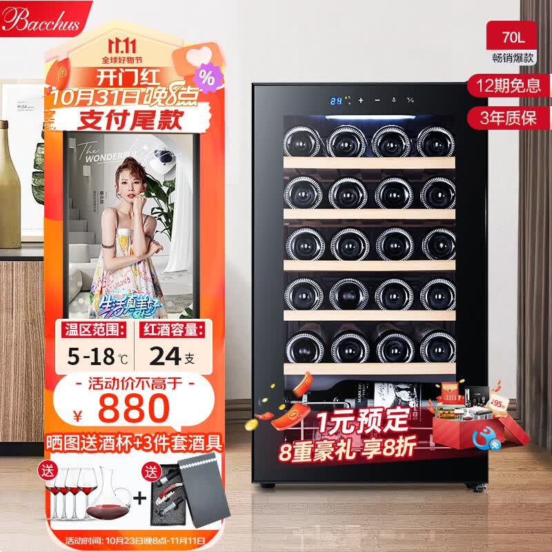 芭克斯（Bacchus）红酒柜恒温酒柜家用压缩机客厅小酒窖迷你酒柜小型储酒冰冷藏柜箱独立式葡萄酒展示柜家庭实木吧台 YC-70直冷 榉木层架 (24瓶)怎么看?