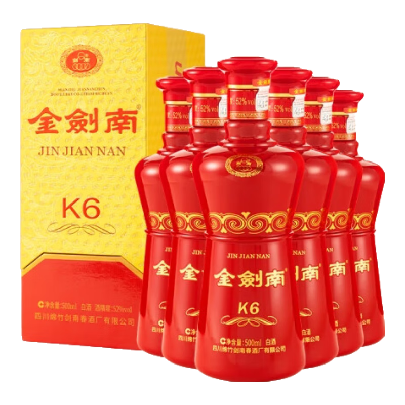 plus会员：剑南春 金剑南K6 52度 500ml*6瓶 整箱装 浓香型白酒
