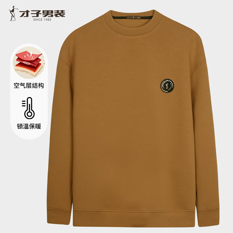 才子（TRIES）卫衣男春秋款高阶套头保暖长袖打底衫无帽上衣服男装长袖T恤 咖啡色 XL 50(175/92A)