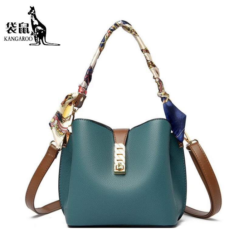 袋鼠（KANGAROO）女士包包2024新款時(shí)尚韓版潮簡(jiǎn)約大氣單肩斜挎包洋氣水桶手提女包 孔雀藍(lán) 均碼