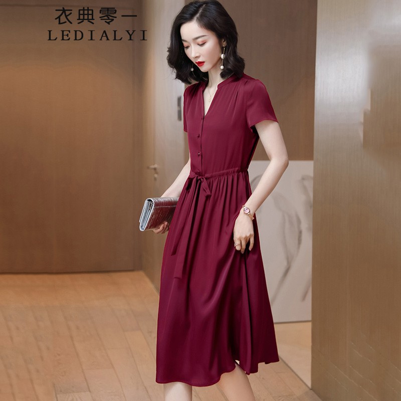 衣典零一2023夏季女装新款时尚气质中年真丝连衣裙女小个子桑蚕丝裙子