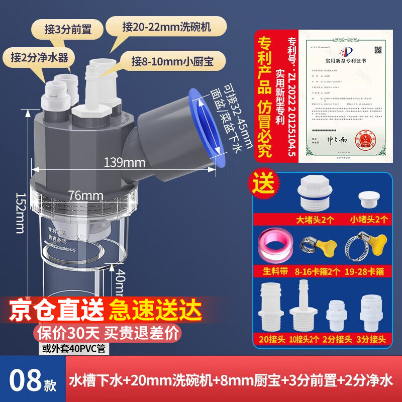 一靓 下水管三通 厨房水槽洗碗机净水器排水管道三头合一前置过滤器四通多功能防臭集成排水接头 08：水槽下水+净水器+前置过滤+洗碗机+小厨宝
