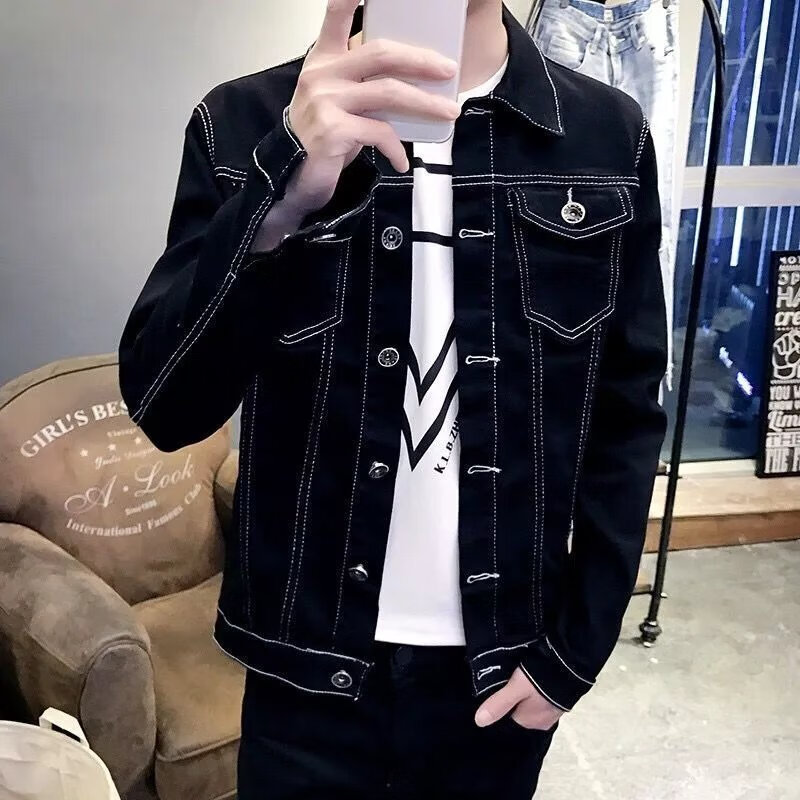 泽万邦青年秋季牛仔夹克男士外套韩版男装修身黑色男生衣服帅气潮流