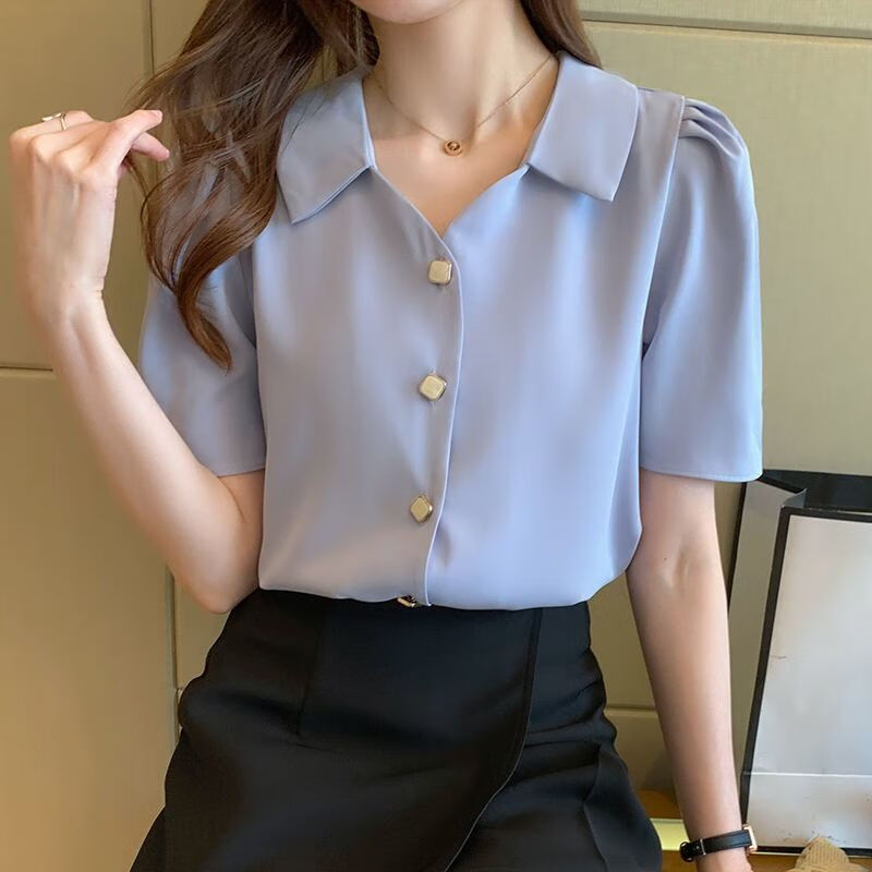 百搭的短袖女夏款上班族穿搭教资面试衣服搭配西装裤 灰蓝色短袖衬衫