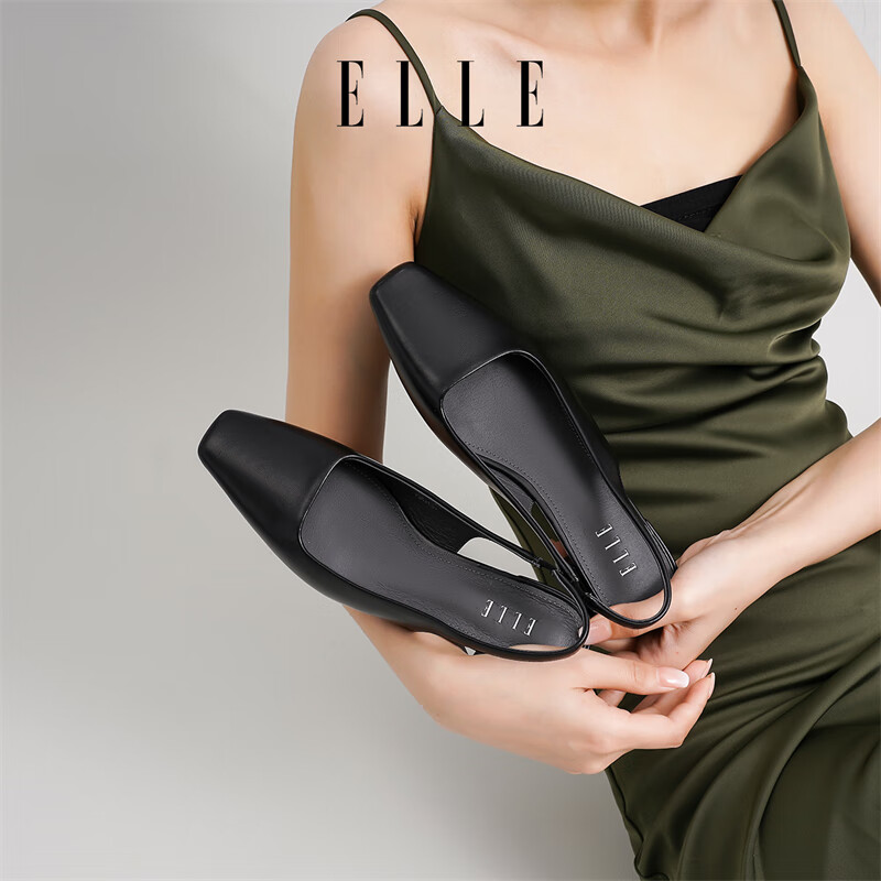 ELLE官方女鞋新款包头凉鞋女法式方头单鞋通勤低跟鞋子 黑色 3cm 38 (240mm) 标准码