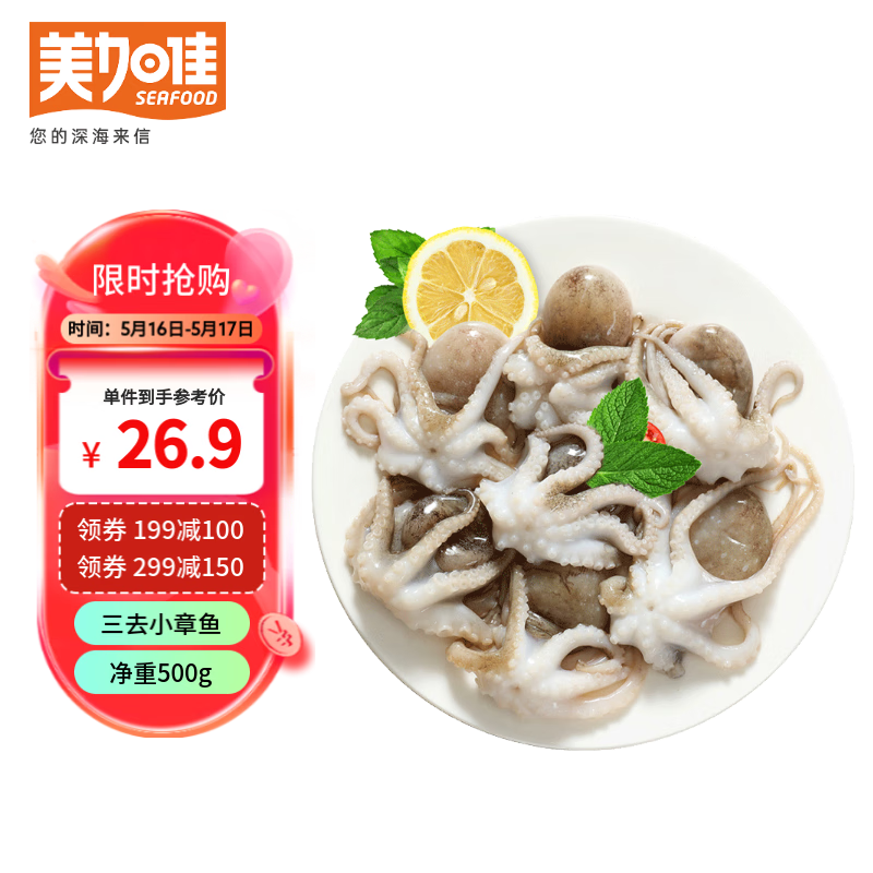 美加佳 三去小章鱼500g/鲜冻整只大鱿鱼（2-3只） 净重550g