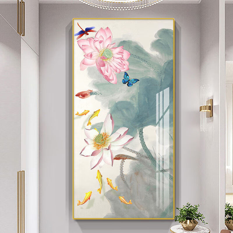 恒几新中式荷花玄关装饰画进门入户竖版挂画晶瓷画走廊过道墙画壁画