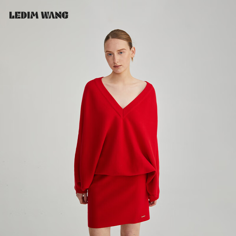 LEDIM WANG紅色蝙蝠袖針織連衣裙女設(shè)計(jì)師原創(chuàng)慵懶風(fēng)氛圍感氣質(zhì)新款 紅色（現(xiàn)貨） L 身高170-175，體重115-125斤
