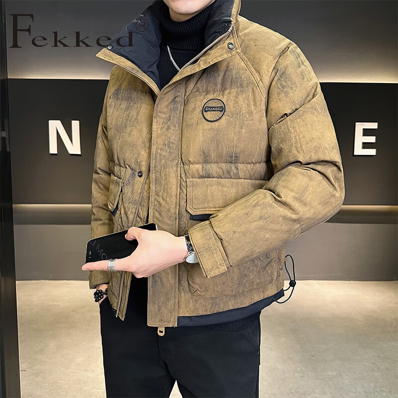 Fekked香港潮牌2024冬季新款男士扎染立领羽绒服潮流白鸭绒拼色保暖外套 黄色 M
