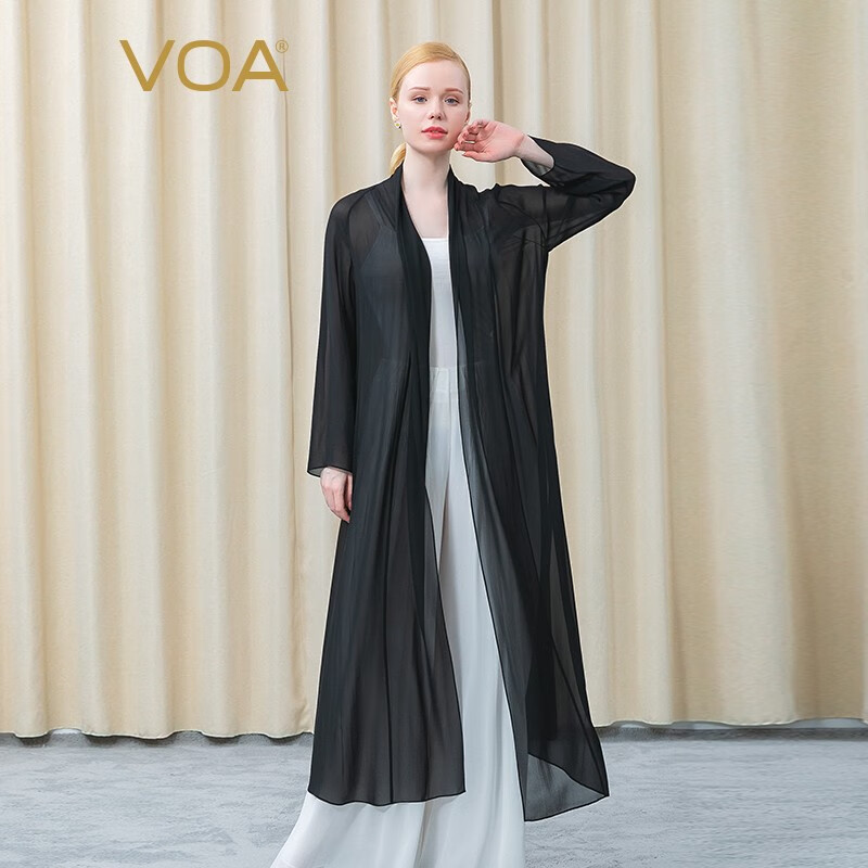 voa真丝乔其墨黑色长袖简约微透清爽百搭长款桑蚕丝风衣外套 fe133