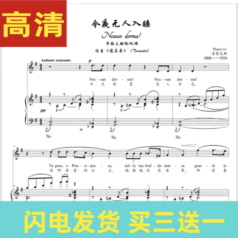 今夜无人入睡 g调原调声乐正谱声乐歌谱五线谱钢琴伴奏谱电子版