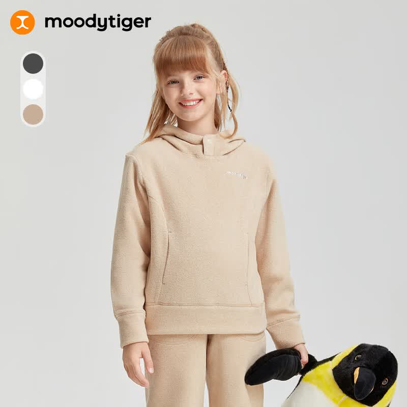 moodytiger儿童卫衣保暖透气春秋装男童卫衣长袖休闲简约连帽抓绒女童运动衣 卡普拉色 170 cm