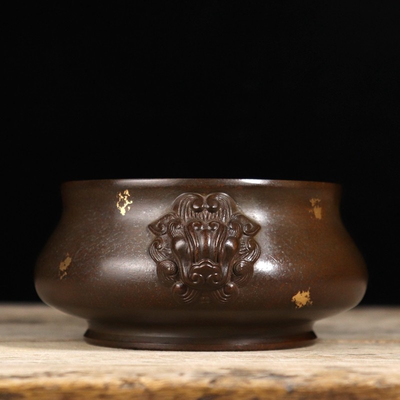 铜人艺巷全铜复古包浆点金工艺狮耳香薰炉压经炉收藏案头装饰盘香炉线