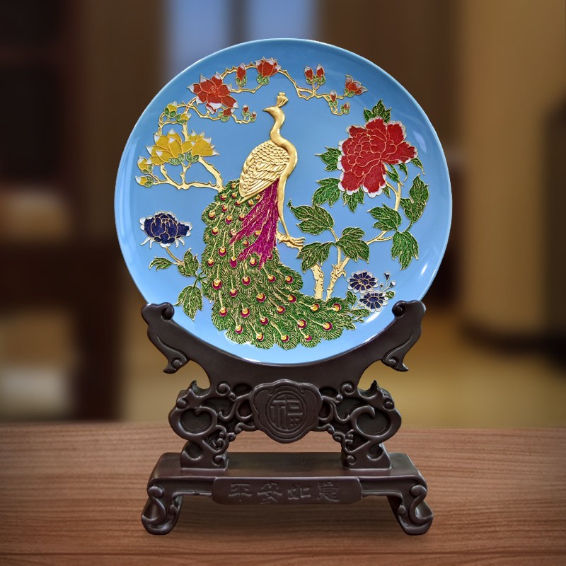 摆件客厅装饰品退休纪念品乔迁礼物开业礼品 富贵逢春天蓝盘(长22厘米