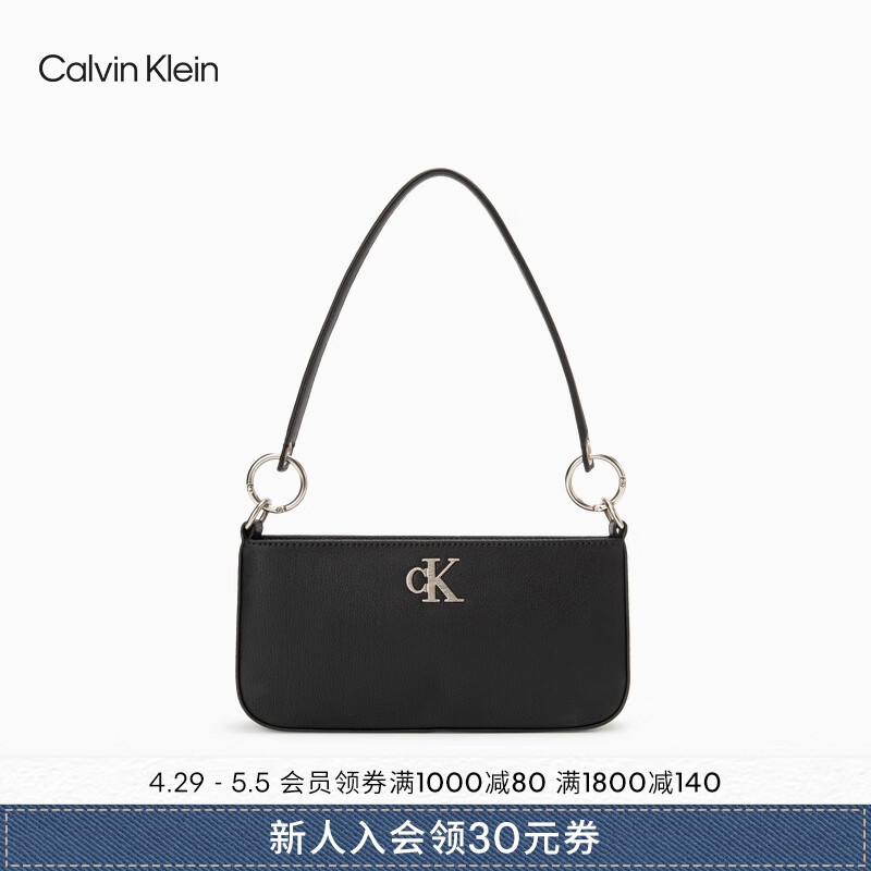Calvin Klein【母亲节礼物】女包简约金属字母拉链ck单肩包腋下法棍包DH3237 001-太空黑 OS