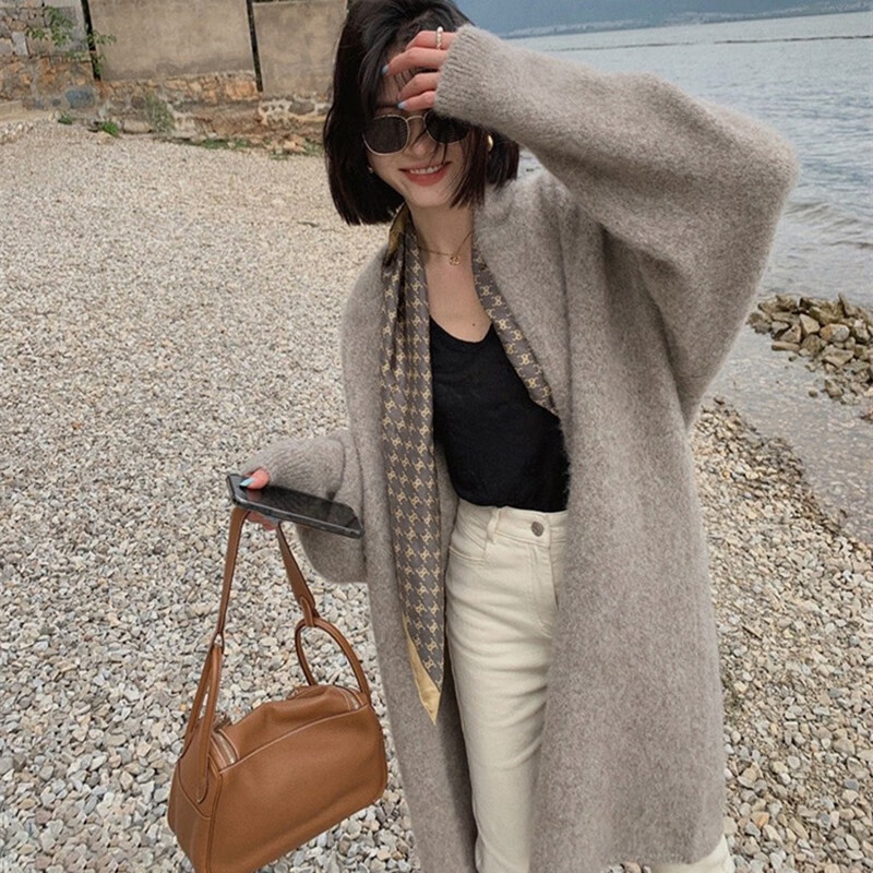 相伊恋人针织开衫女25年秋冬季新款设计感毛衣针织外套显瘦慵懒风大衣外套 沙茶驼【长款】 均码