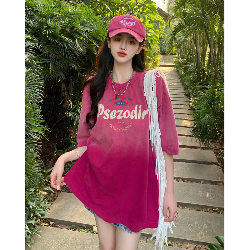 多巴胺穿搭短袖女装2024夏季正肩t恤设计感小众宽松半袖上衣 渐变玫 s