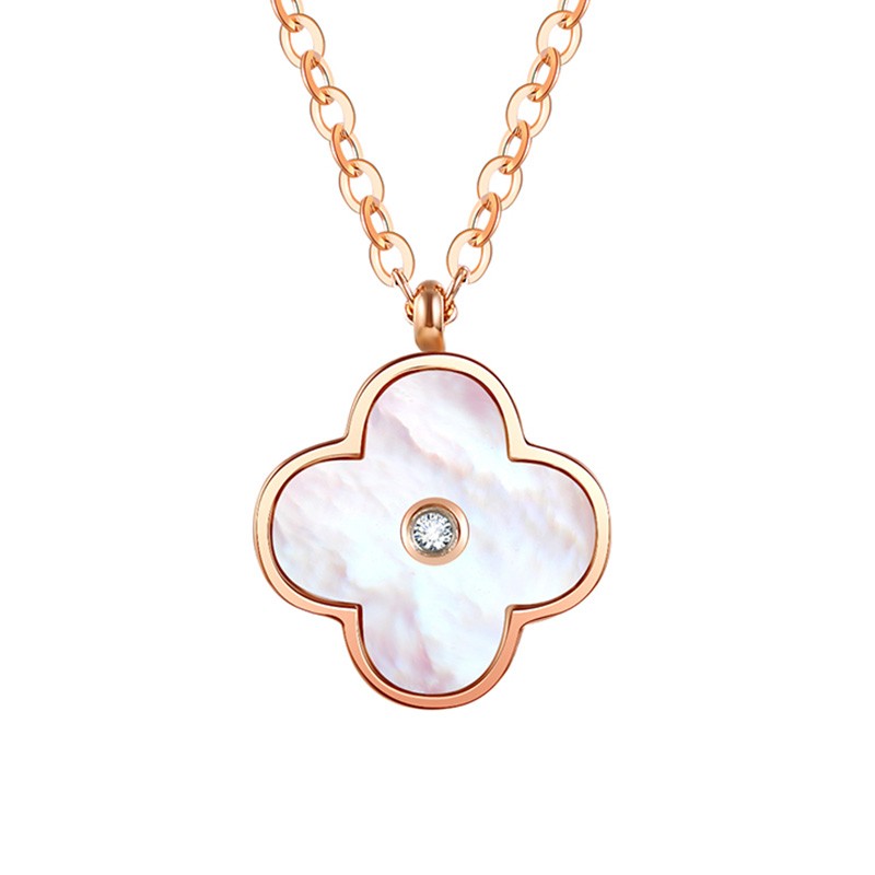 MAX&LOVE 四叶草贝母钻石项链圆环小真钻玫瑰金色合金项链优雅小巧锁骨链 双面四叶草钻石项链 附证书/精美包装