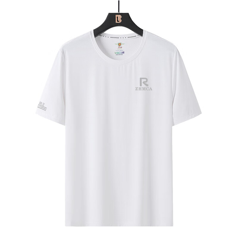 冰丝短袖男士T恤夏季圆领纯色大码男装网眼透气运动速干体恤 7801白色 2XL