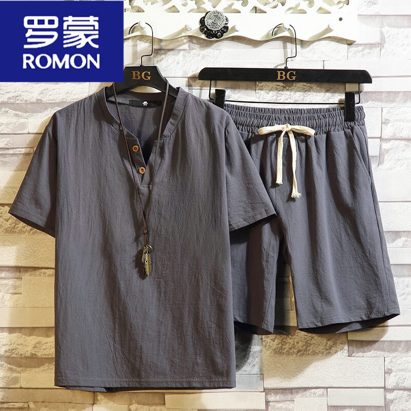 羅蒙（ROMON）棉麻短袖短褲套裝男中國風(fēng)寬松大碼V領(lǐng)t恤夏季潮流休閑運(yùn)動兩件套 灰藍(lán) 2XL 130至145斤可穿