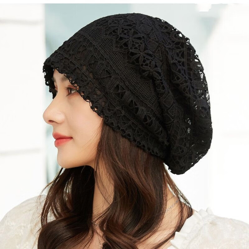 抖芊  包头帽薄款女后女帽子夏天帽子女春夏薄款堆堆帽蕾丝镂空钩花