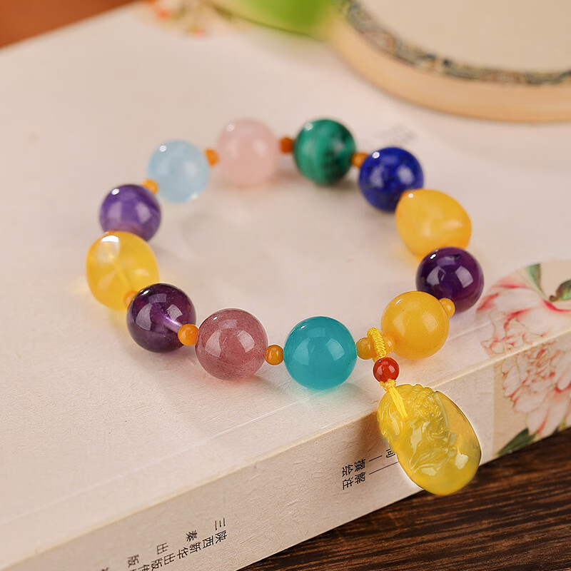 辉客映上自然 琥 珀 钱袋手串 紫水晶孔雀石青金石多宝手饰品女 自然