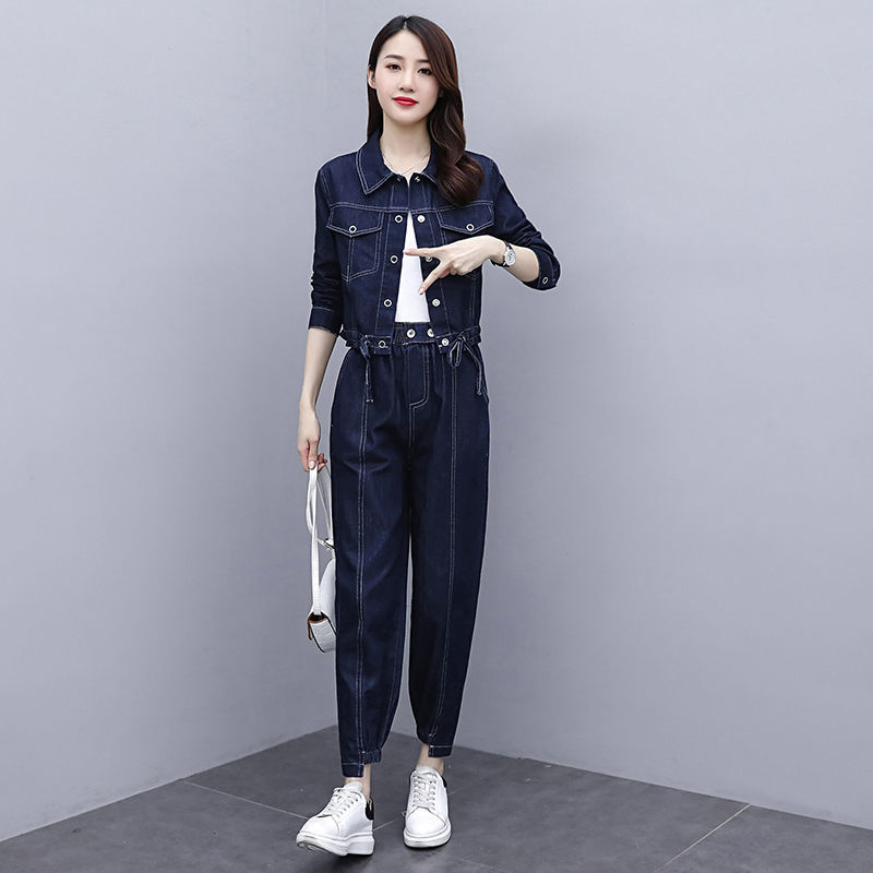 中凡智复古牛仔套装女早秋新款休闲时尚小个子显高气质轻熟风两件套