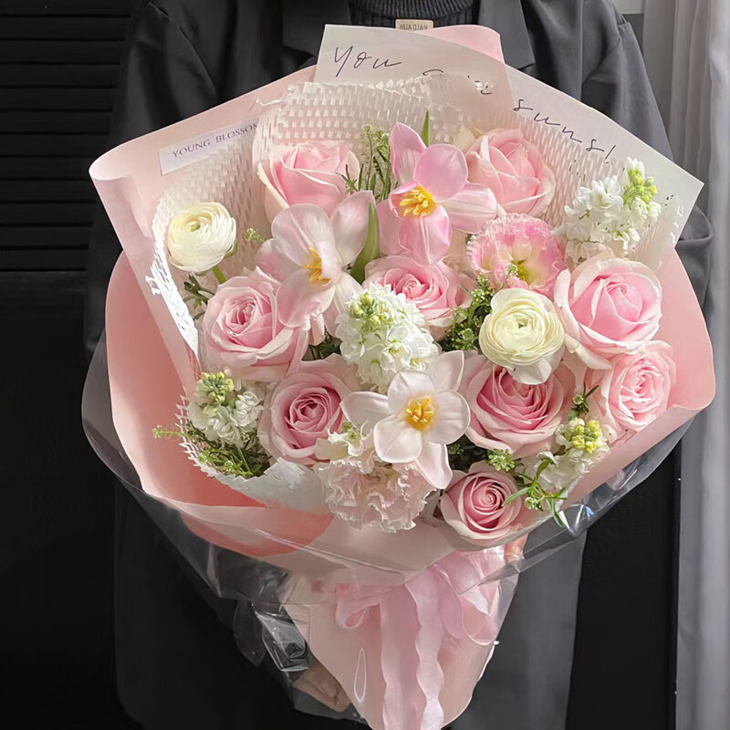 梦芷鲜花全国同城配送当日达生日礼物纪念日送女友老婆粉玫瑰韩式花束